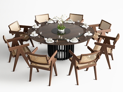 New Chinese Round Dining Table and Chair Combination Round Table Dining Chair Tableware Floral Art model