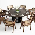 Round Wooden Dining Table and Eight Chairs Set with Flower Centerpiece and Place Settings