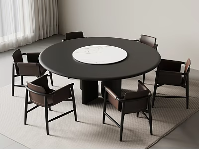 Modern Minimalist Round Dining Table Set with White Marble Center and Six Brown Leather Chairs 3d model