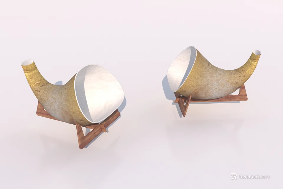 Elegant Horn Shaped Decorative Ornament Set With Gold White Finish And Wooden Stand Base 3d model 