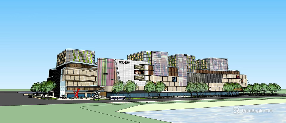 Modern Waterfront Commercial Complex with Multiple Buildings Glass Curtain Walls and Trees 3d model 