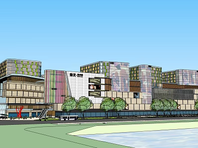 Modern Waterfront Commercial Complex with Multiple Buildings Glass Curtain Walls and Trees 3d model