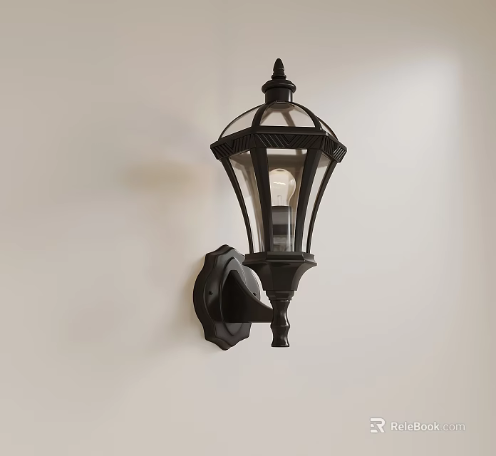 Vintage Black Wall Sconce with Clear Glass Shade Illuminated on White Wall 3d model 