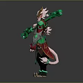 Horned Mythical Character 3D Model With Elaborate Green Staff Red Green Outfit And Pink Tail