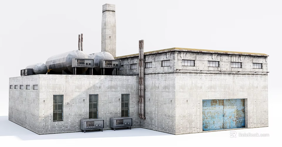 Industrial Factory Building With Concrete Walls Tall Chimney Metal Windows And Rusted Doors 3d model 