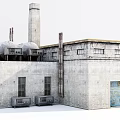 Industrial Factory Building With Concrete Walls Tall Chimney Metal Windows And Rusted Doors