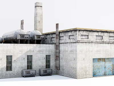 Industrial Factory Building With Concrete Walls Tall Chimney Metal Windows And Rusted Doors 3d model