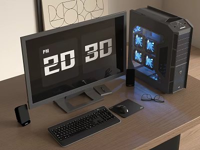 Modern Computer Desktop Setup With Monitor Displaying 2D 3D And Tower With Blue LED Lights 3d model