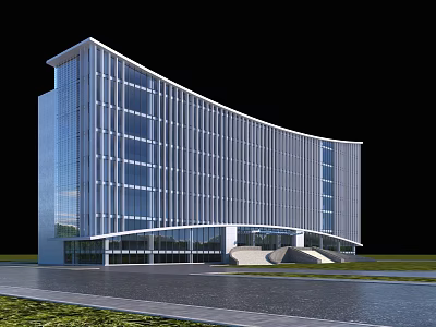 Modern Curved Office Building With Glass Curtain Wall And Green Lawn Plaza 3d model