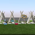 Outdoor Grassy Area With White Tents Colorful Storage Boxes Promotion Sign And Shopping Cart