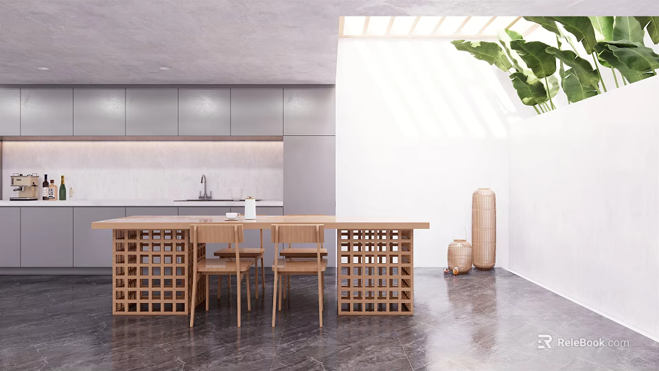 Modern Restaurant Interior With Wooden Dining Table Chairs Gray Cabinets Green Plant And Natural Light 3d model 