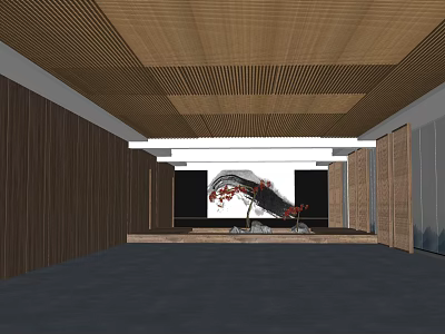 Modern Store Front Desk Interior With Wooden Ceiling And Elegant Decor 3d model