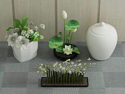 Decorative Indoor Bonsai Potted Plants With White Flowers Lotus Leaves And Green Foliage 3d model