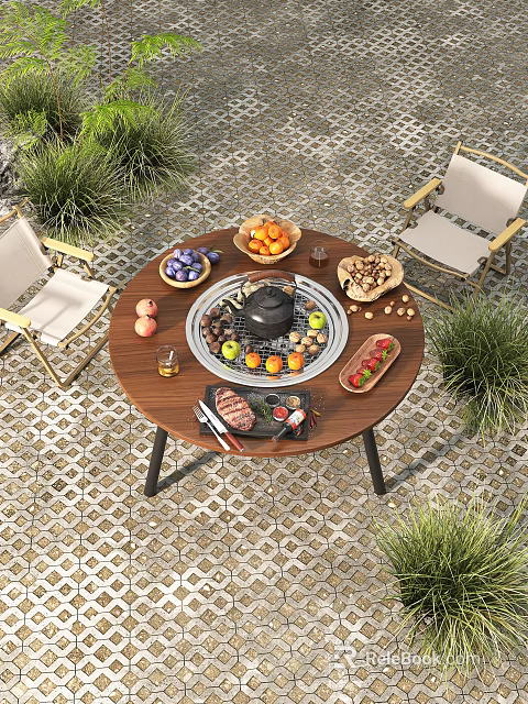 Outdoor Round Table with BBQ Grill Fresh Food and Two Chairs in Garden Setting 3d model 