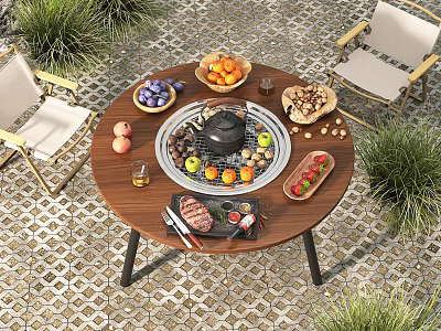 Outdoor Round Table with BBQ Grill Fresh Food and Two Chairs in Garden Setting 3d model