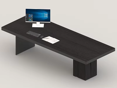 Modern Black Long Office Desk With White Computer Monitor Keyboard Paper And Pen 3d model