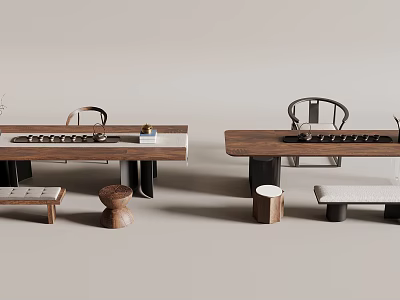 Modern Minimalist Tea Table and Chairs with Matching Wooden Stools and Tea Sets 3d model