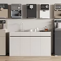 Modern Kitchen Interior With Colorful Water Dispensers Countertop Sink And Cabinets