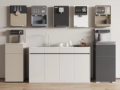 Modern Kitchen Interior With Colorful Water Dispensers Countertop Sink And Cabinets 3d model