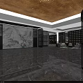 Modern Elegant Hotel Lobby With Red Accents Chandeliers Bar Counter Sofas Bookshelves And Marble Floor
