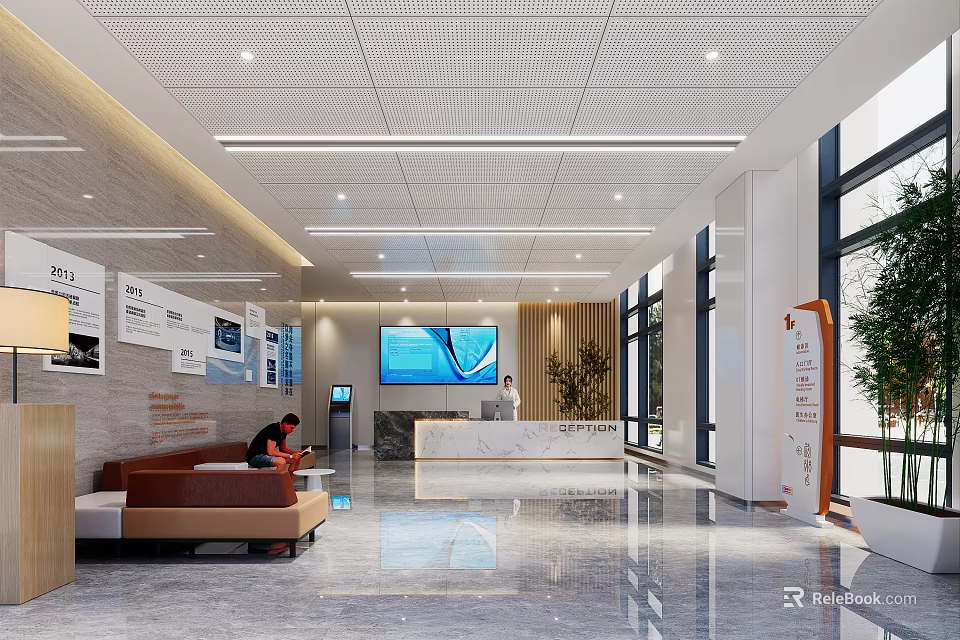 Modern Hospital Outpatient Lobby With Reception Desk Sofa TV Screen And Plants 3d model 