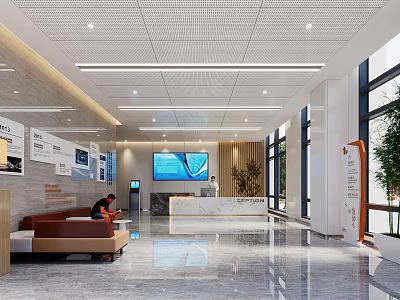 Modern Hospital Outpatient Lobby With Reception Desk Sofa TV Screen And Plants 3d model