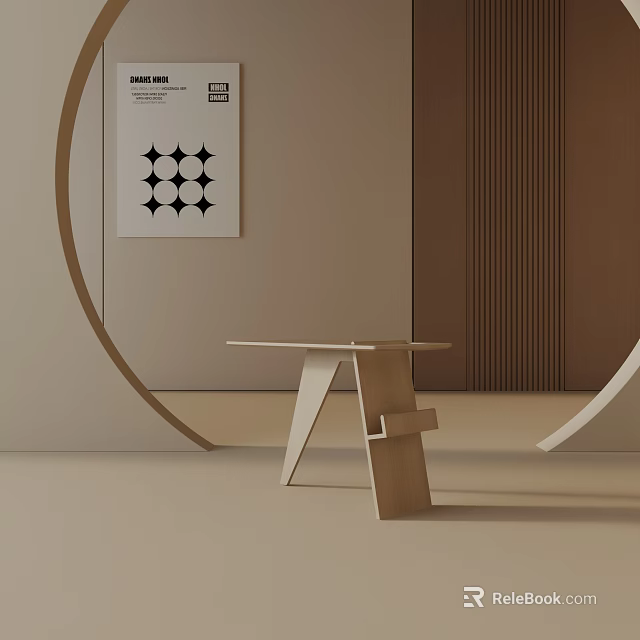 Modern Minimalist Wooden Side Table Featuring Geometric Structure In Neutral Interior With Wall Art 3d model 