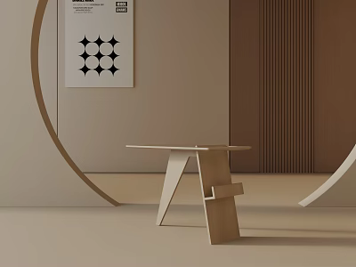 Modern Minimalist Wooden Side Table Featuring Geometric Structure In Neutral Interior With Wall Art 3d model