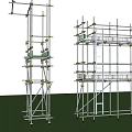 Public Facility Construction Scaffolding with Metal Frames Yellow Connectors on Green Ground and Background Buildings