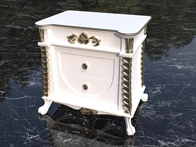 Elegant White Bedside Table Design With Gold Decorative Handles Drawer And Ornate Legs 3d model