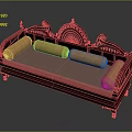 Traditional Wooden Sofa with Intricate Carved Backrest Armrests Pink Seat Cushion and Yellow Bolsters