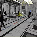 Modern Laboratory With Researchers Walking On White Floor Red Lines Workstations And Equipment