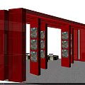 Red Exhibition Booth Setup With Round Tables And Chairs Arranged In Center