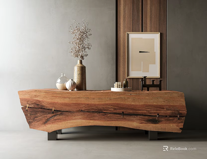Stylish Wooden Console Table with Vase Dried Flowers Ornaments and Wall Art in Modern Room 3d model 