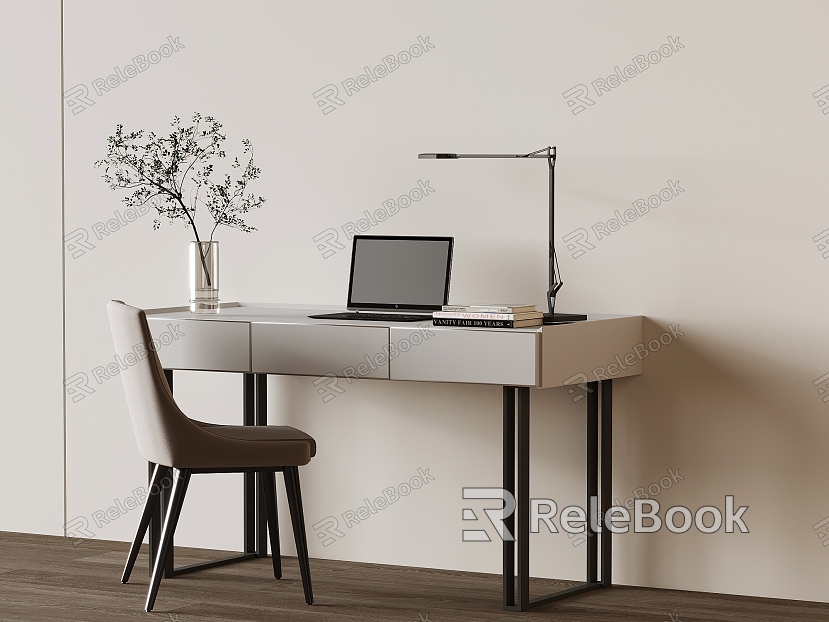 Desk Desk Chair Combination Laptop Green Plant Table Lamp Book Book Ornaments model