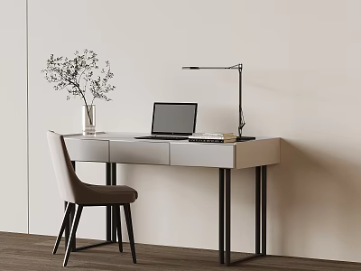 Modern Minimalist Desk with Laptop Table Lamp and Vase in Neutral Room 3d model