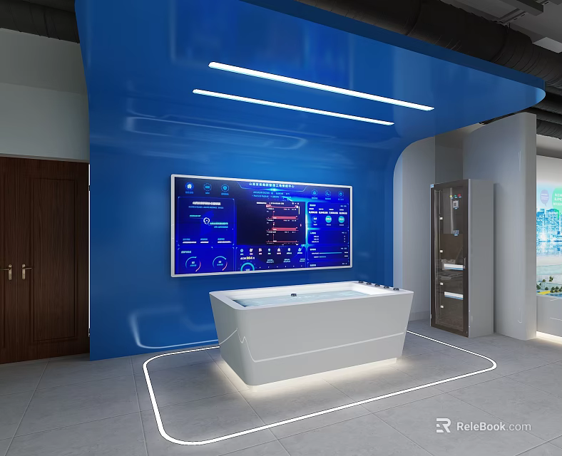 Hi tech Modern Control Room With Blue Wall Large Display And White Console 3d model 
