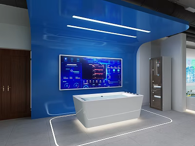 Hi tech Modern Control Room With Blue Wall Large Display And White Console 3d model