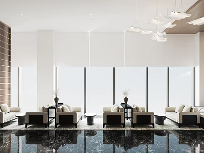 Elegant Modern Lounge Area Interior With Comfortable Sofas Pendant Lights And Floor To Ceiling Windows 3d model