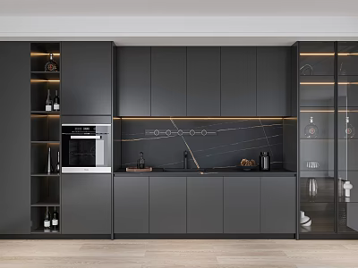 Modern Wine Cabinet Design In Grey Kitchen With Glass Door And Wine Bottles Storage 3d model