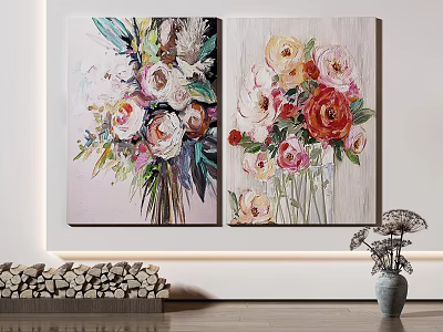 Two Floral Oil Paintings With Colorful Roses Peonies And Green Leaves Hanging On Wall 3d model