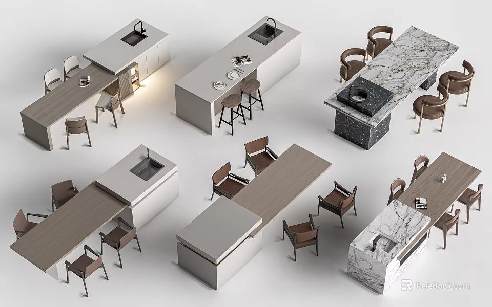 Various Modern Bar Counter Designs With Marble Wooden Tops And Matching Chairs 3d model 