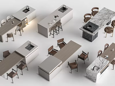 Various Modern Bar Counter Designs With Marble Wooden Tops And Matching Chairs 3d model