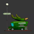 Green Food Truck With Banana Decorations Street Lamp Banana St Avenue Sign Small Table Chair