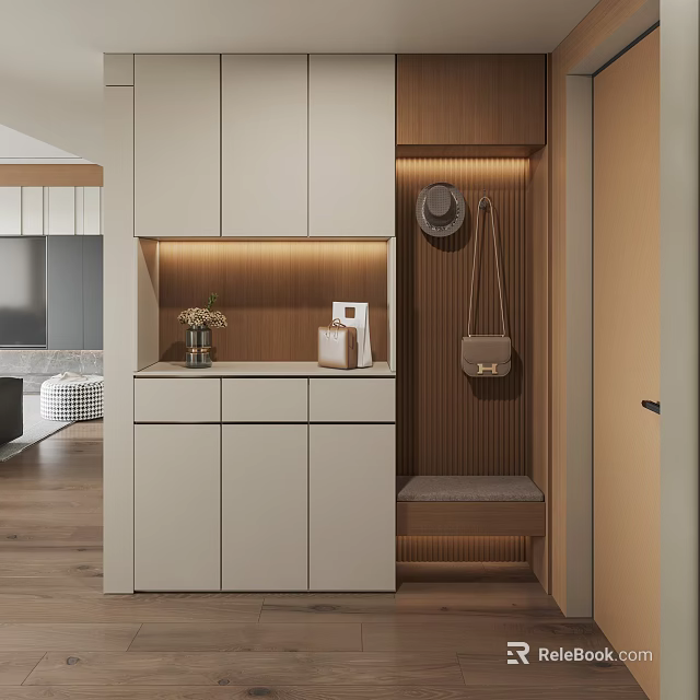 Modern Entryway Hallway Interior Design With White Cabinets Wooden Elements Hanging Storage And Bench Lighting 3d model 