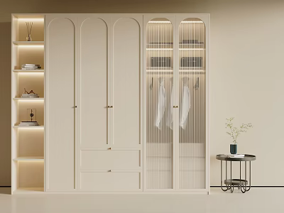 Elegant Modern Beige Wardrobe With Glass Doors Hanging Area And Lighting Shelves 3d model