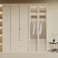 Elegant Modern Beige Wardrobe With Glass Doors Hanging Area And Lighting Shelves