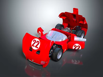 Red Racing Car With Number 22 Open Hood And Exposed Engine On Reflective Surface 3d model