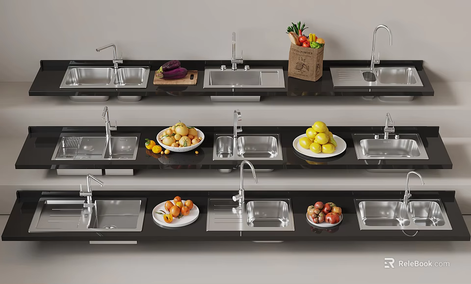 Stainless Steel Kitchen Sinks Display With Fresh Fruits Vegetables And Counter Setup 3d model 