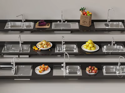 Stainless Steel Kitchen Sinks Display With Fresh Fruits Vegetables And Counter Setup 3d model